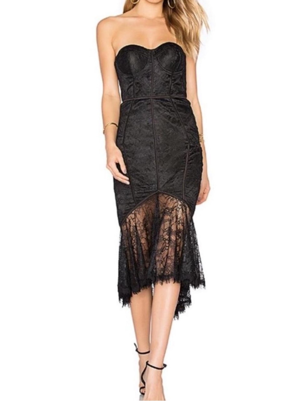 Misha Strapless Black Lace Midi Dress
